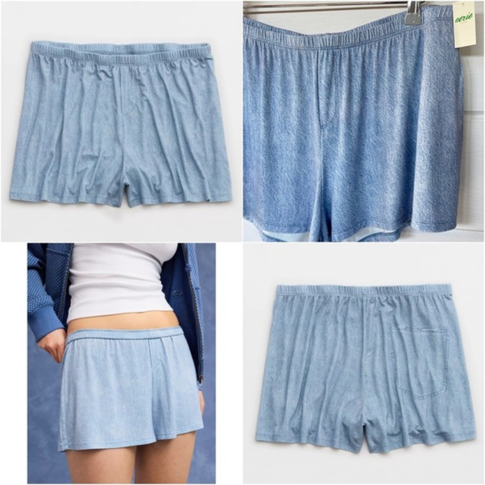 Aerie REAL SOFT Comfy COOLING‎ Pajama Shorts Boxer Sleep Lounge XXL Denim Print